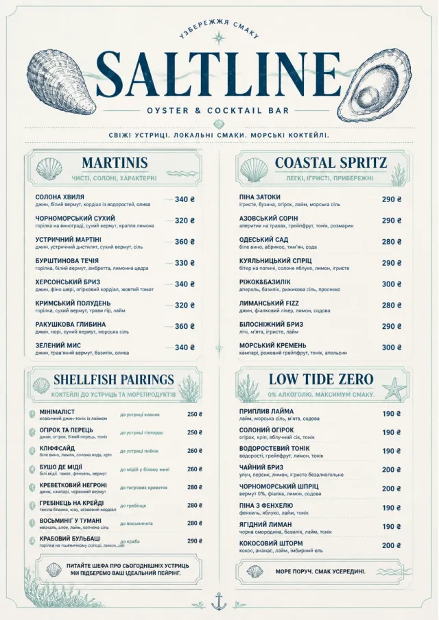 Coastal Oyster Bar cocktail-menu menu template preview