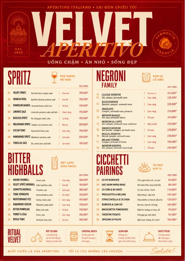 Italian evening aperitivo, plush red velvet, cream typography, vermouth-orange accents, elegant small plates energy cocktail-menu menu template preview