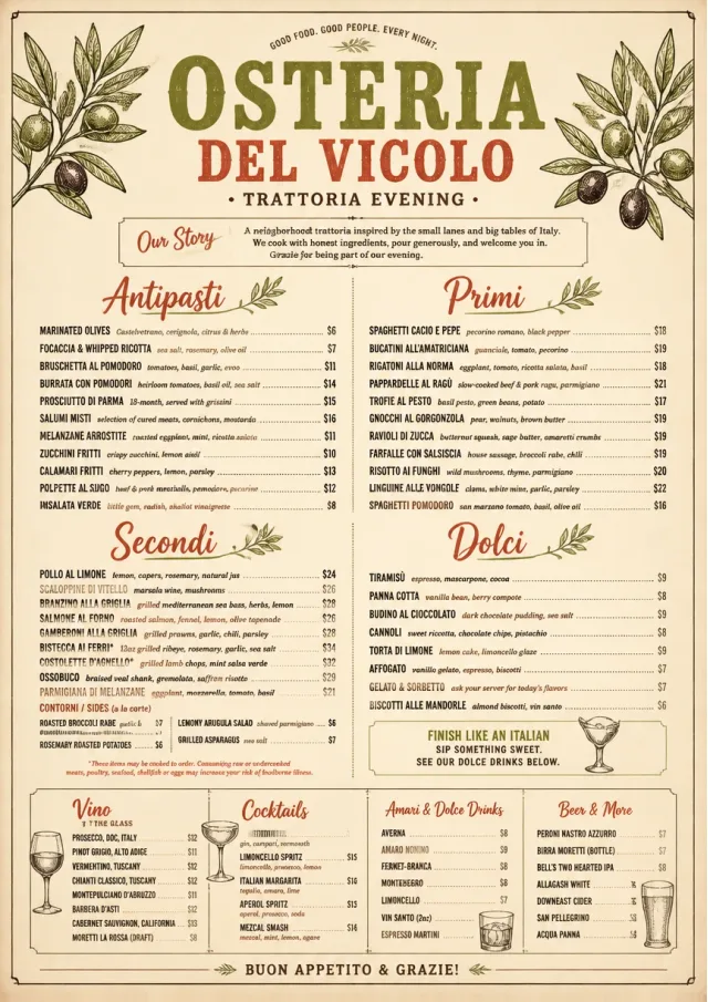 Trattoria Evening dinner-menu menu template preview
