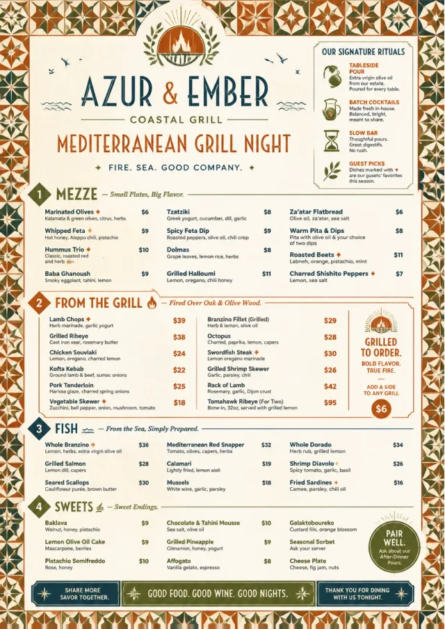 Mediterranean Grill Night dinner-menu menu template preview
