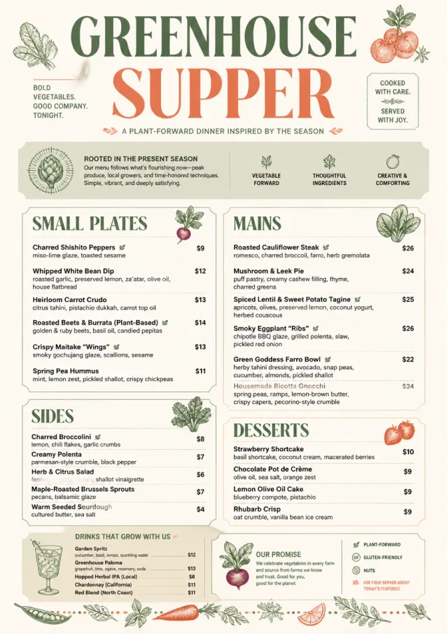Plant-Forward Supper dinner-menu menu template preview