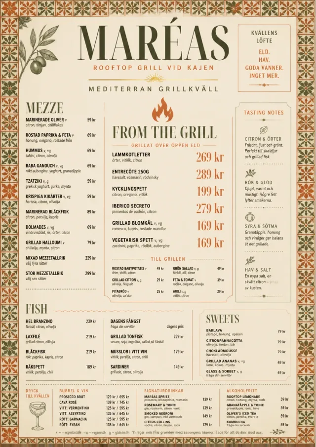 Mediterranean Grill Night dinner-menu menu template preview