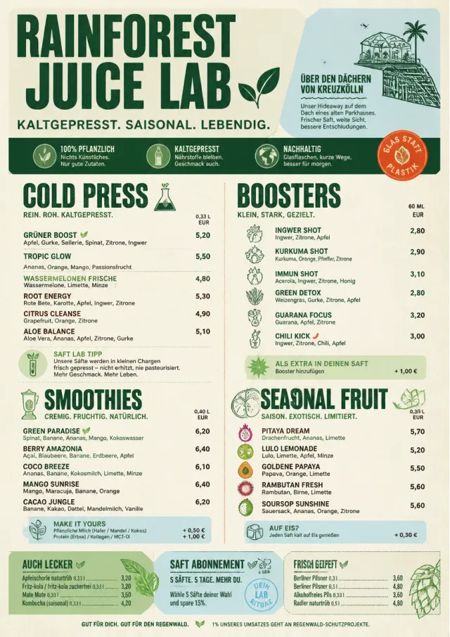 Rainforest Juice Lab drink-menu menu template preview