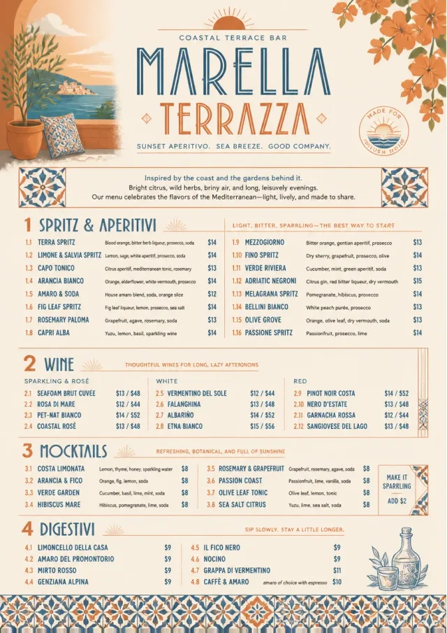 Mediterranean Terrace drink-menu menu template preview