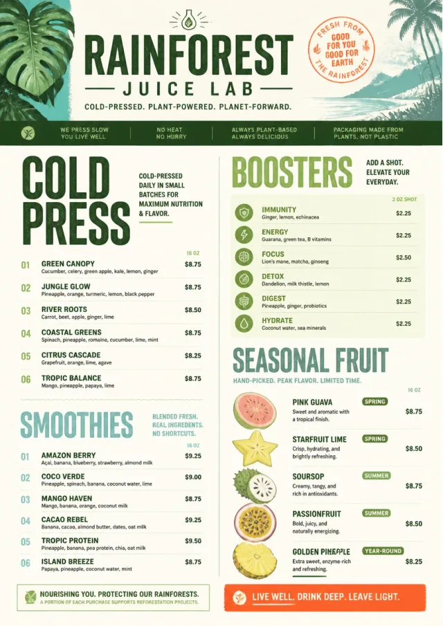 Rainforest Juice Lab drink-menu menu template preview