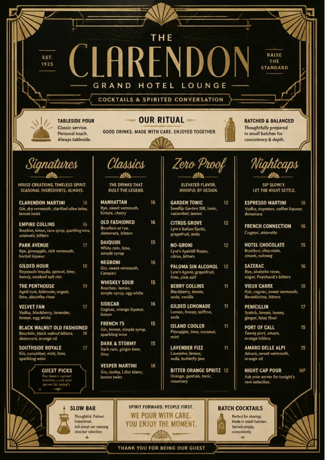 Art Deco Lounge drink-menu menu template preview