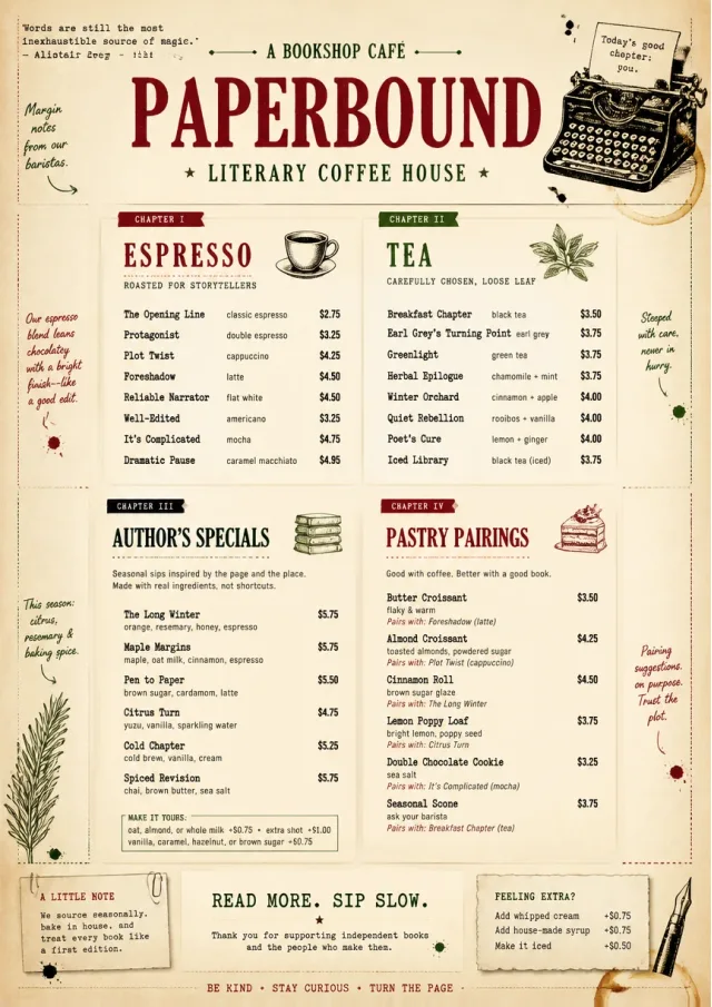 Literary Coffee House drink-menu menu template preview