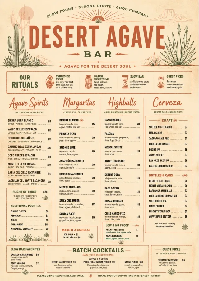Desert Agave Bar drink-menu menu template preview