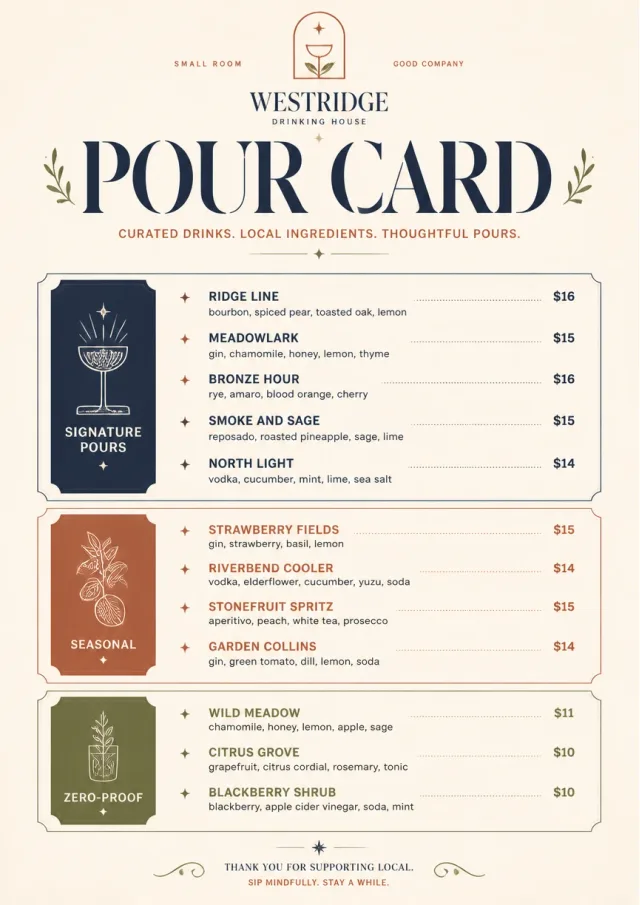Boutique Pour Card drink-menu menu template preview