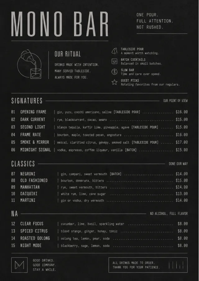 Mono Bar Minimal drink-menu menu template preview