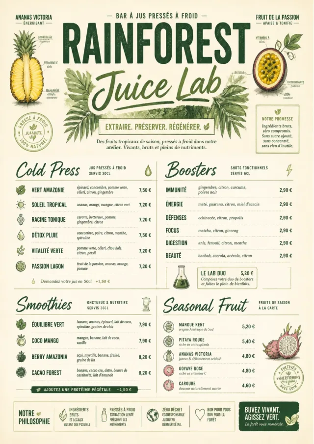 Rainforest Juice Lab drink-menu menu template preview