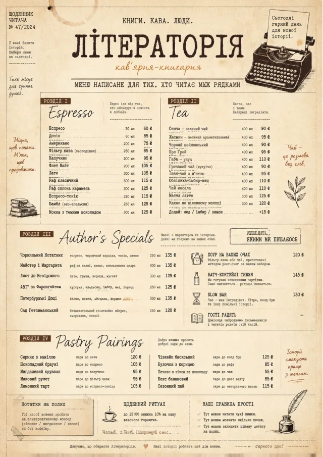 Literary Coffee House drink-menu menu template preview