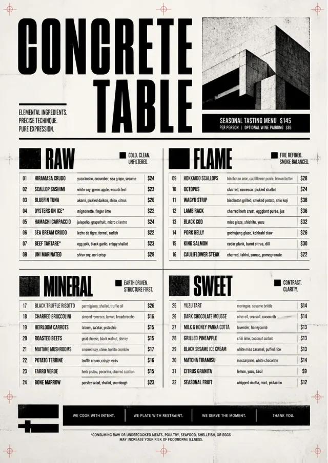 Monochrome Brutalism fancy-menu menu template preview