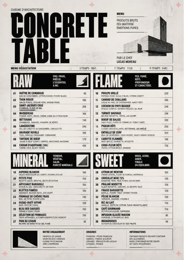 Monochrome Brutalism fancy-menu menu template preview