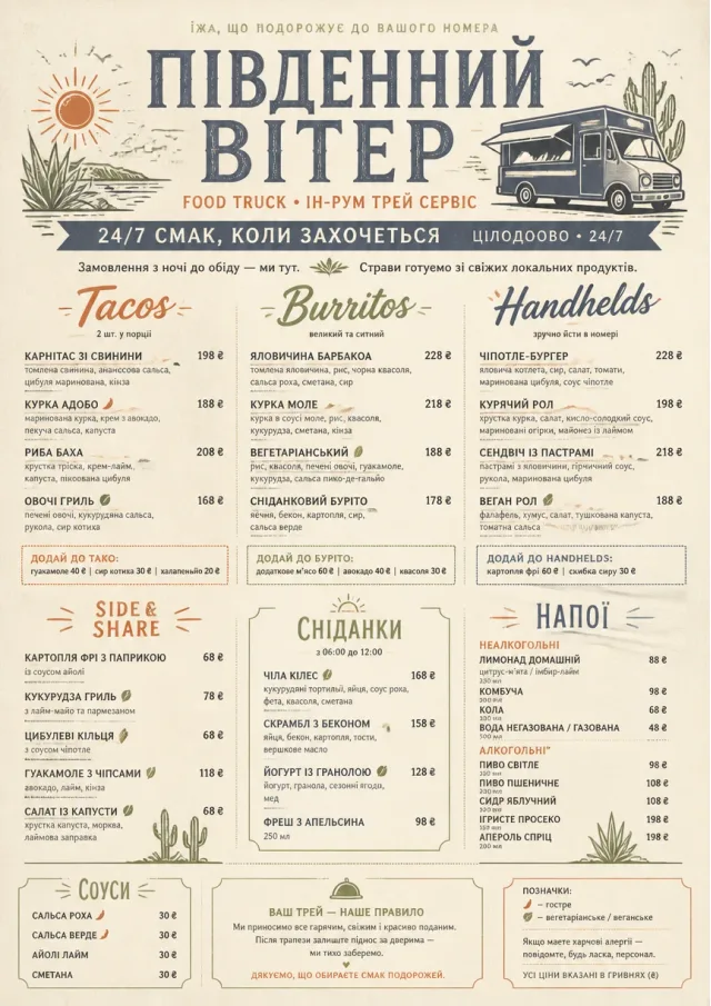In-Room Tray Service food-truck-menu menu template preview