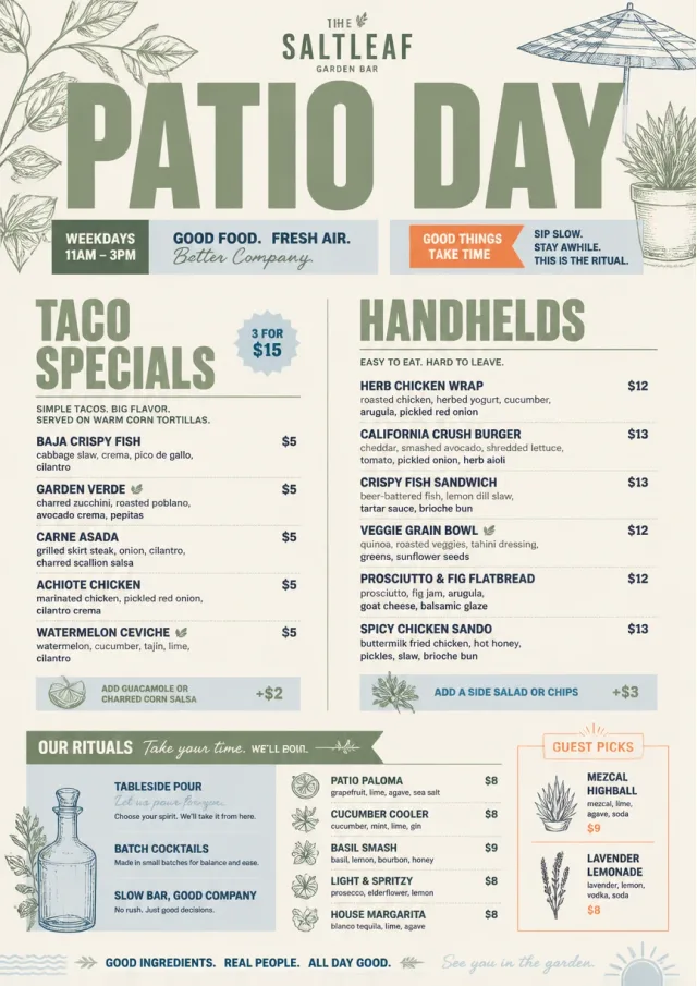 Garden Patio Day happy-hour-menu menu template preview