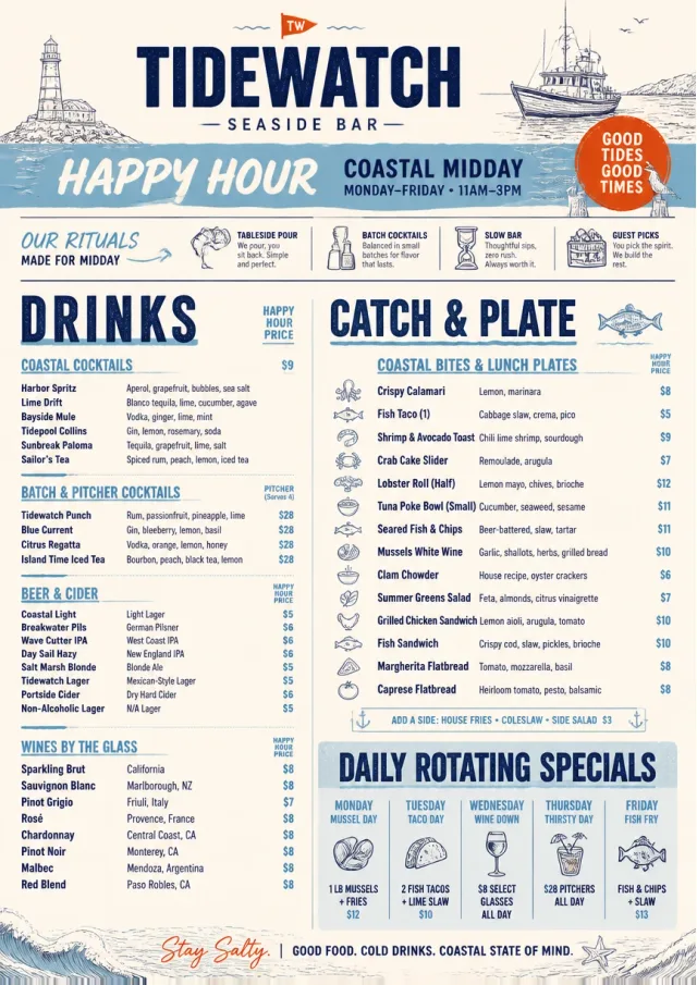 Coastal Midday happy-hour-menu menu template preview