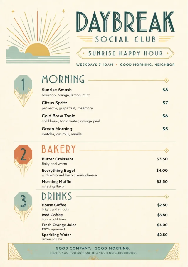 Sunrise Short Carte happy-hour-menu menu template preview