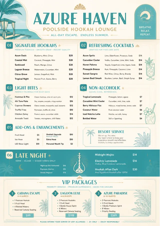 Resort Poolside hookah-menu menu template preview