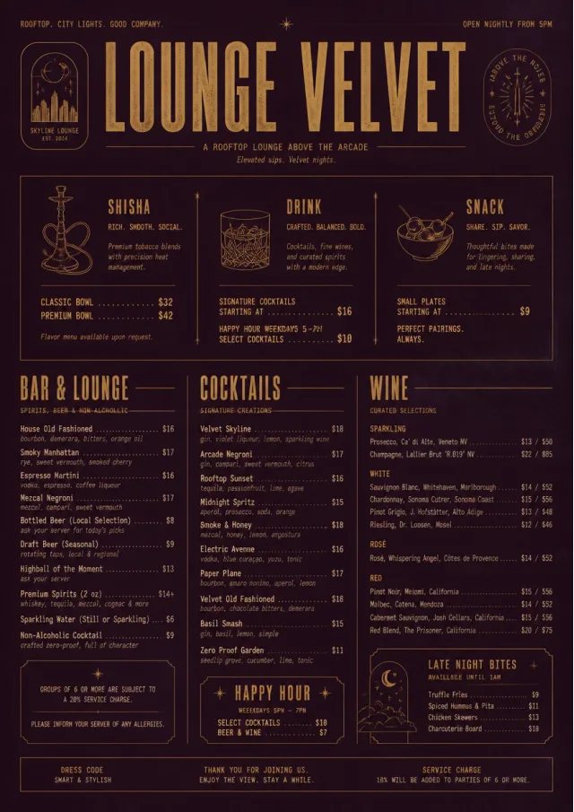 Lounge Velvet hotel-menu menu template preview
