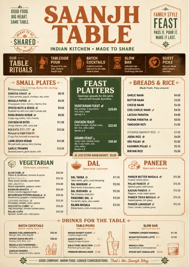 Family Style Feast indian-menu menu template preview