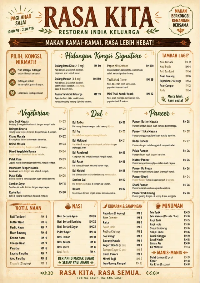 Family Style Feast indian-menu menu template preview