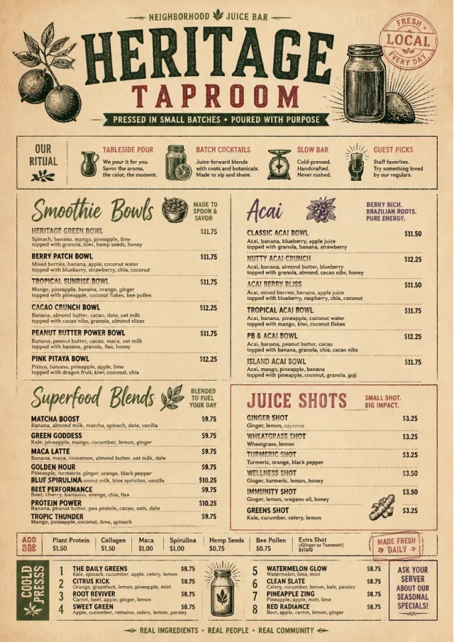 Heritage Taproom juice-menu menu template preview