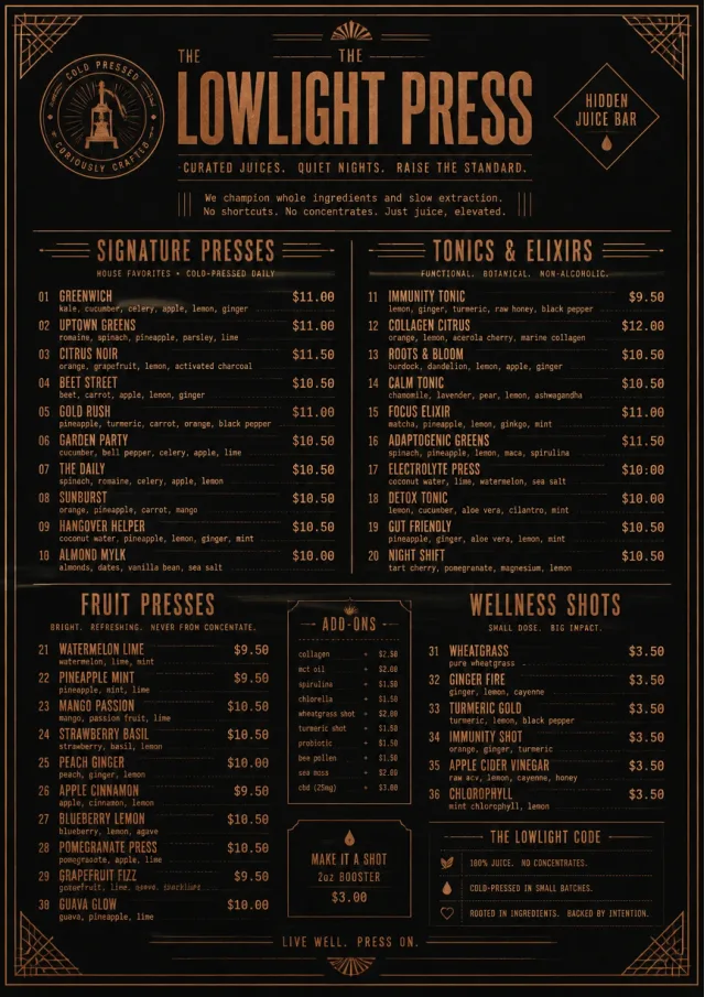 Speakeasy Spirits juice-menu menu template preview
