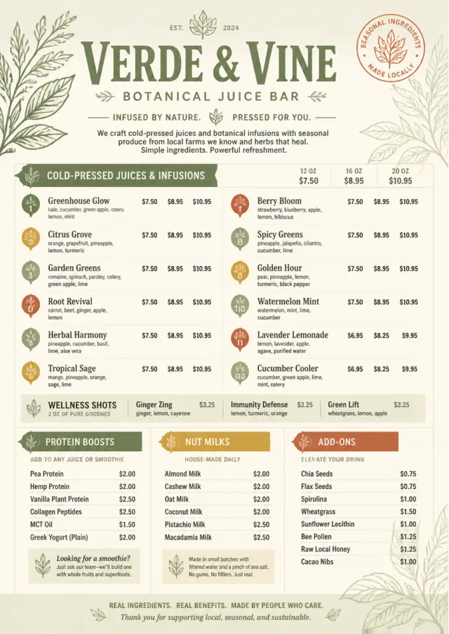 Botanical Infusion juice-menu menu template preview