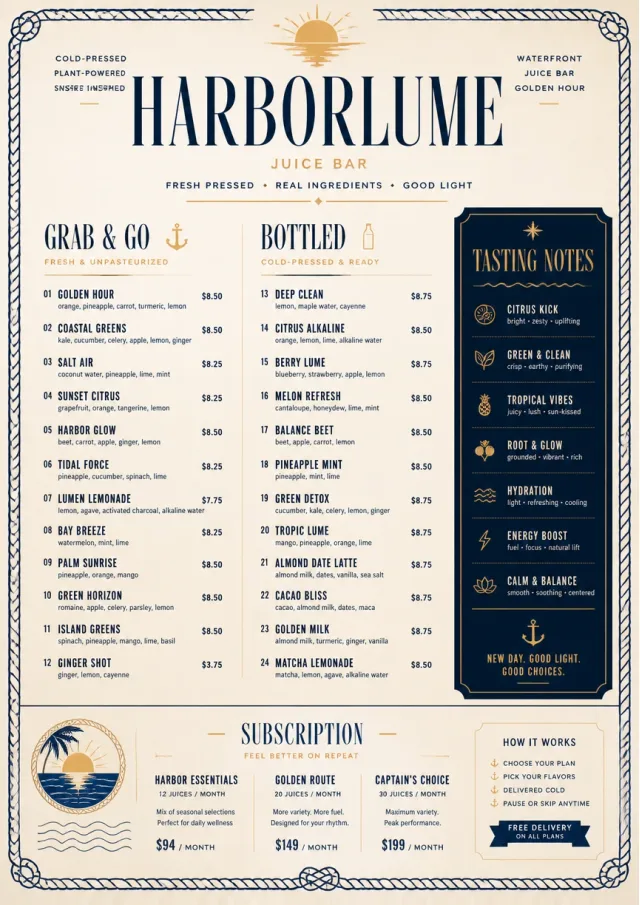 Coastal Sunset juice-menu menu template preview