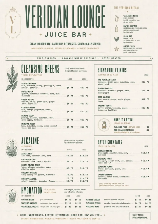 Luxury Hotel Lounge juice-menu menu template preview