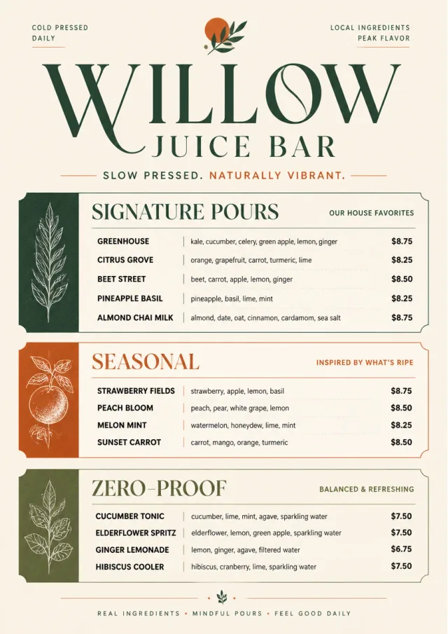 Boutique Pour Card juice-menu menu template preview