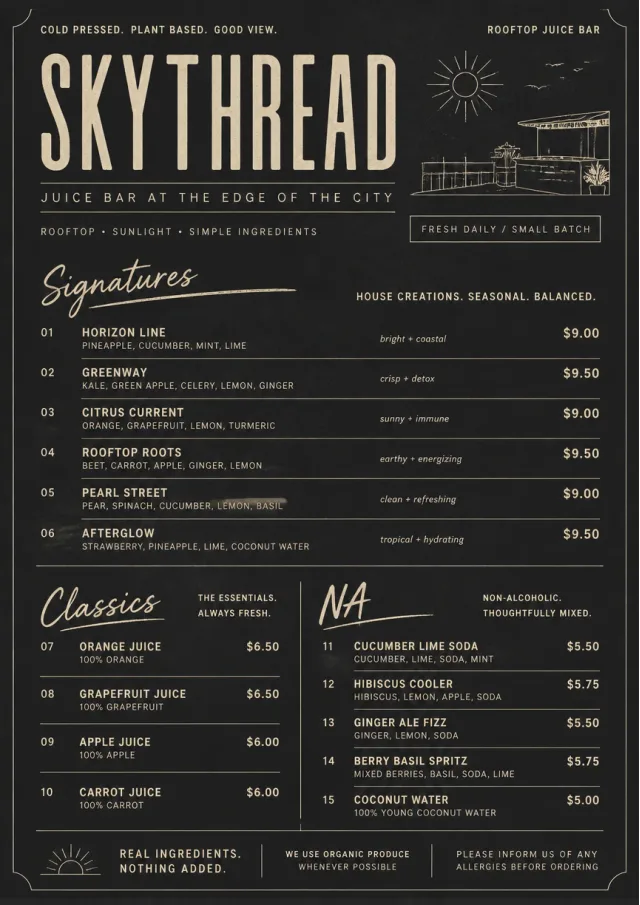 Mono Bar Minimal juice-menu menu template preview