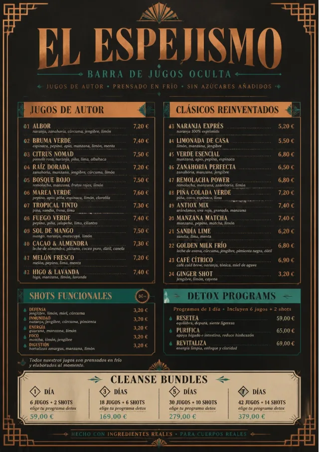 Speakeasy Spirits juice-menu menu template preview