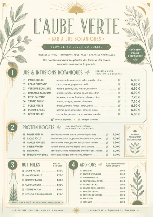 Botanical Infusion juice-menu menu template preview
