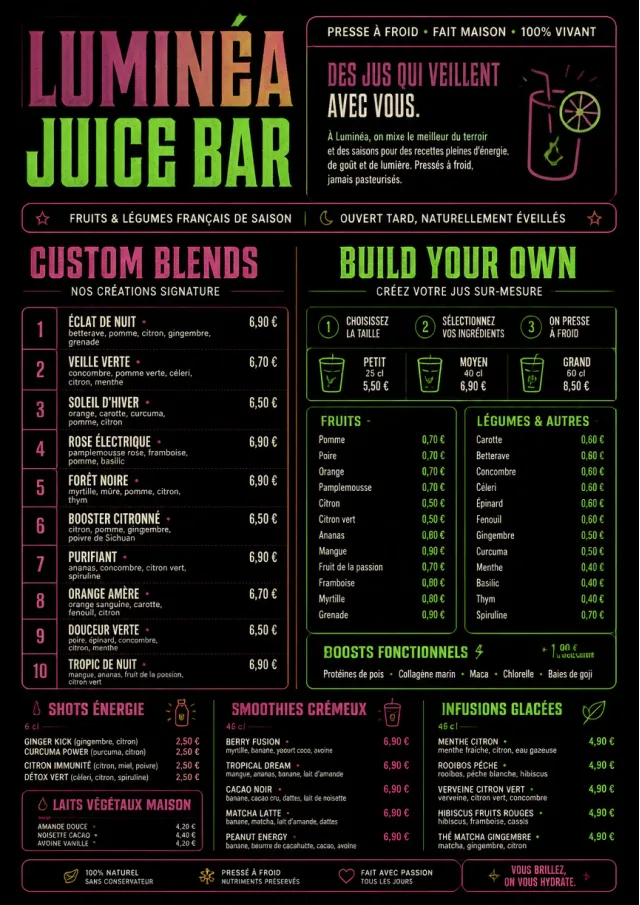 Neon Night Pour juice-menu menu template preview