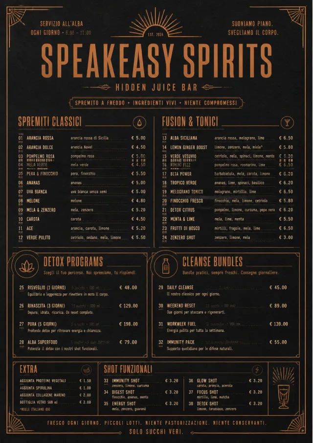 Speakeasy Spirits juice-menu menu template preview