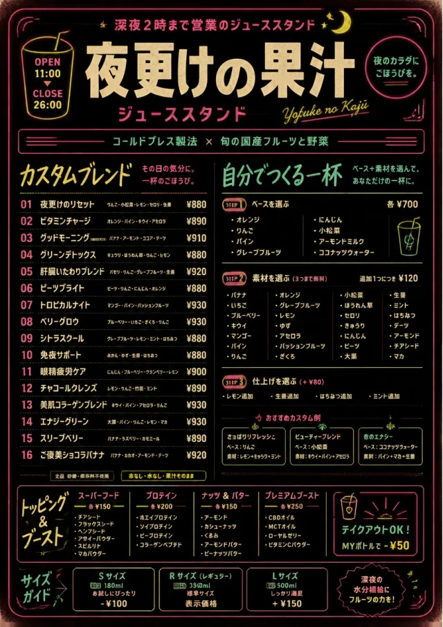 Neon Night Pour juice-menu menu template preview