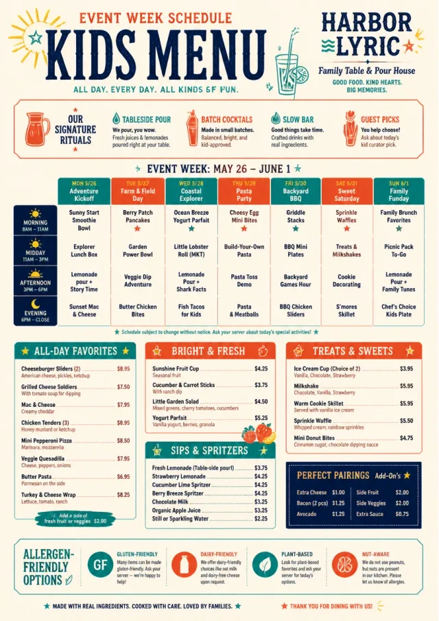 Event Week Schedule kids-menu menu template preview
