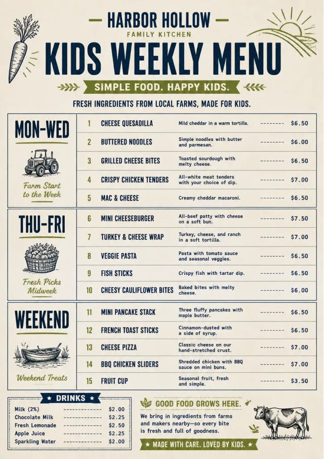Weekly Board Clean kids-menu menu template preview