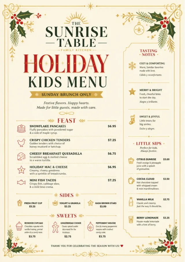 Holiday Table Card kids-menu menu template preview