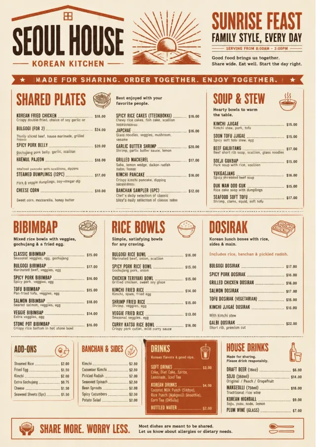 Family Style Feast korean-menu menu template preview