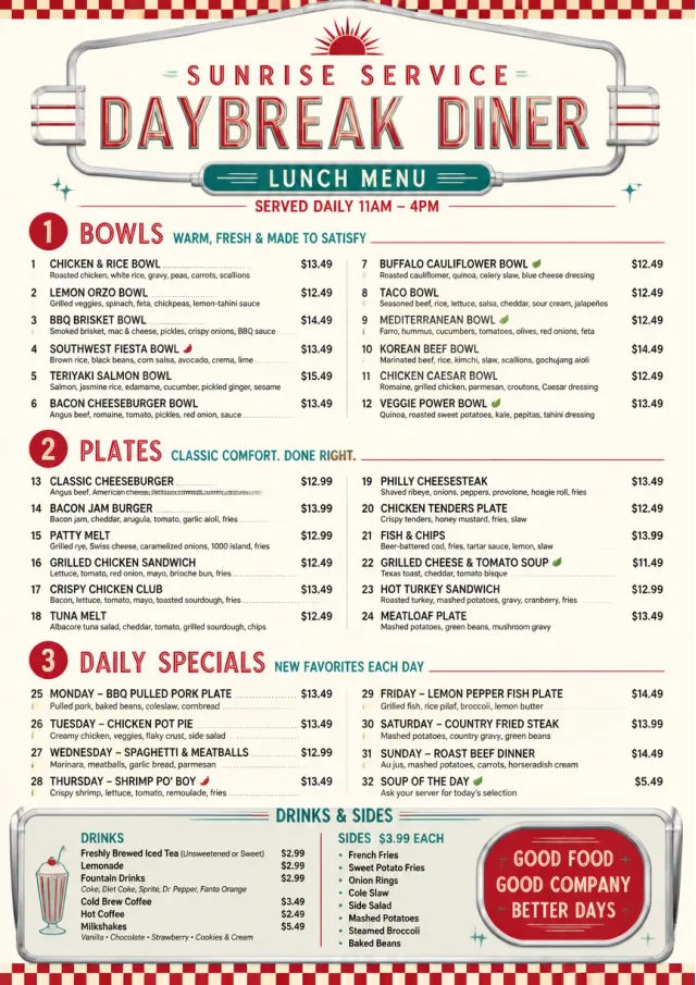 Diner Comfort lunch-menu menu template preview