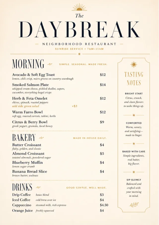 Sunrise Short Carte lunch-menu menu template preview
