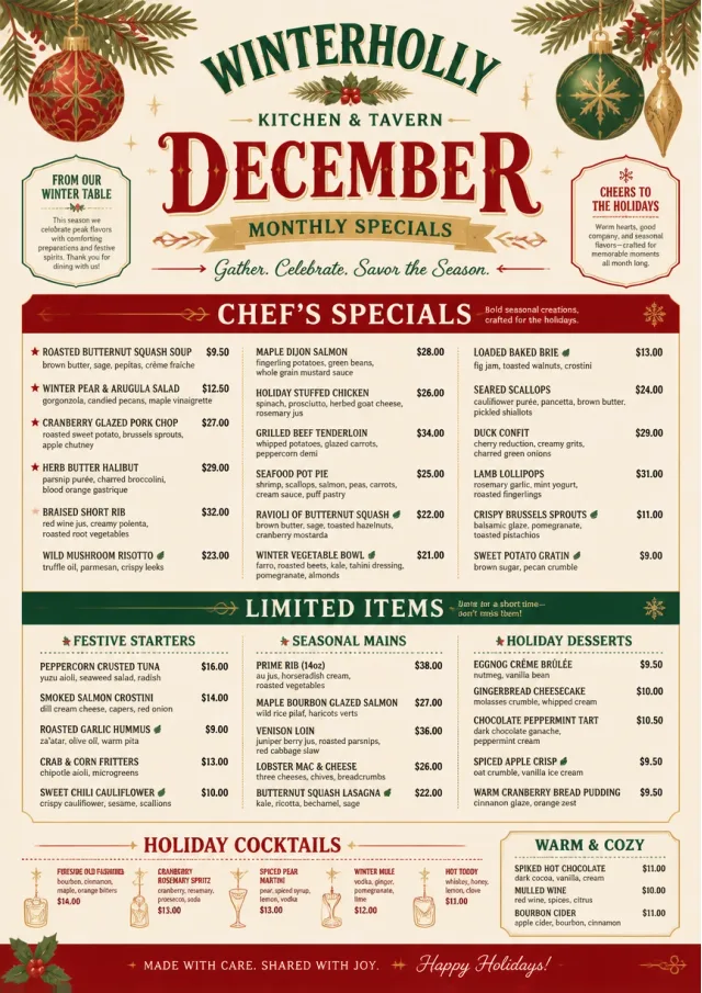 Holiday Festive monthly-menu menu template preview