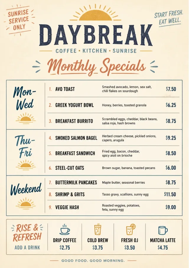 Weekly Board Clean monthly-menu menu template preview