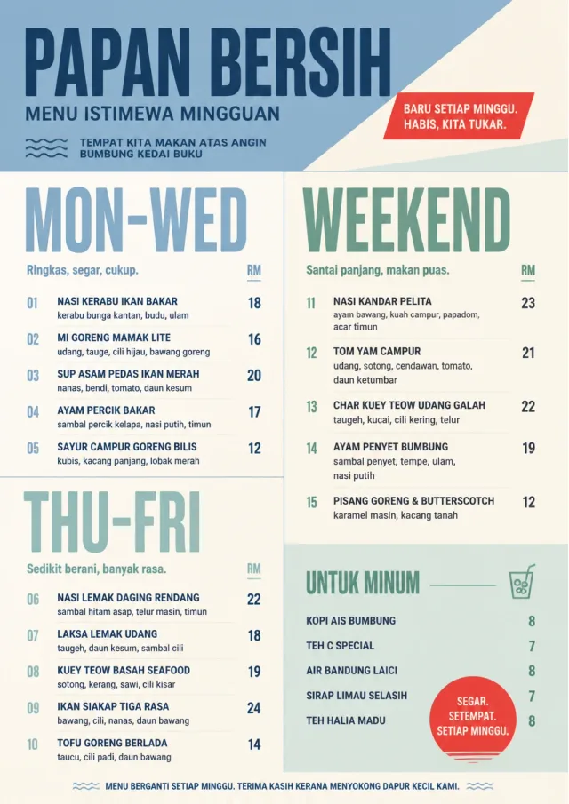 Weekly Board Clean monthly-menu menu template preview