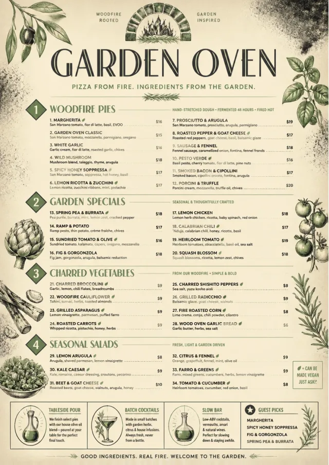 woodfire garden pizza-menu menu template preview