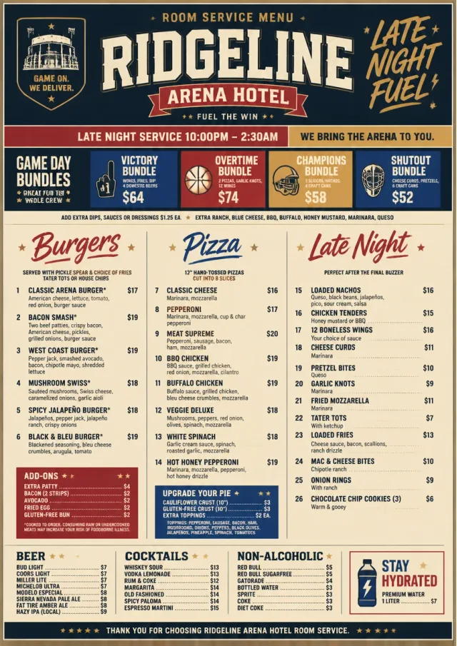 Sports Arena Energy room-service-menu menu template preview
