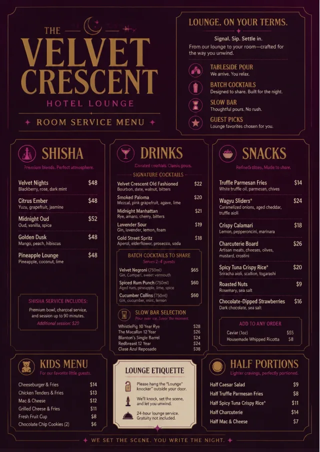 Lounge Velvet room-service-menu menu template preview